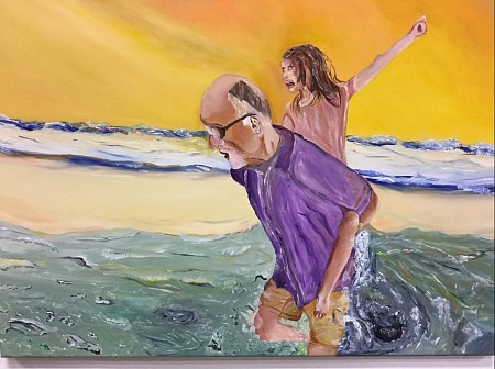 Opa met kleindochter aan zee geschilderd door Andre Claeys